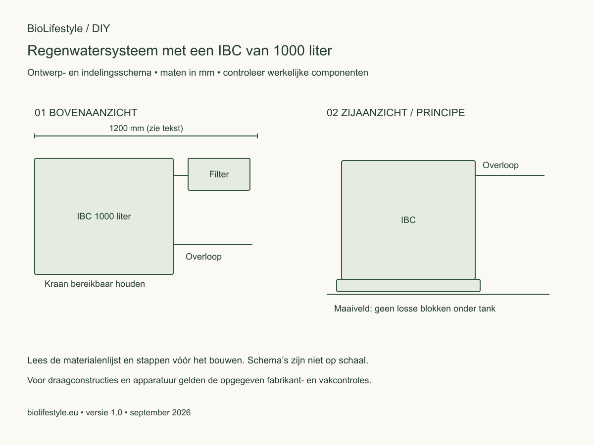 Schematisch boven- en zijaanzicht voor Regenwatersysteem met een IBC van 1000 liter