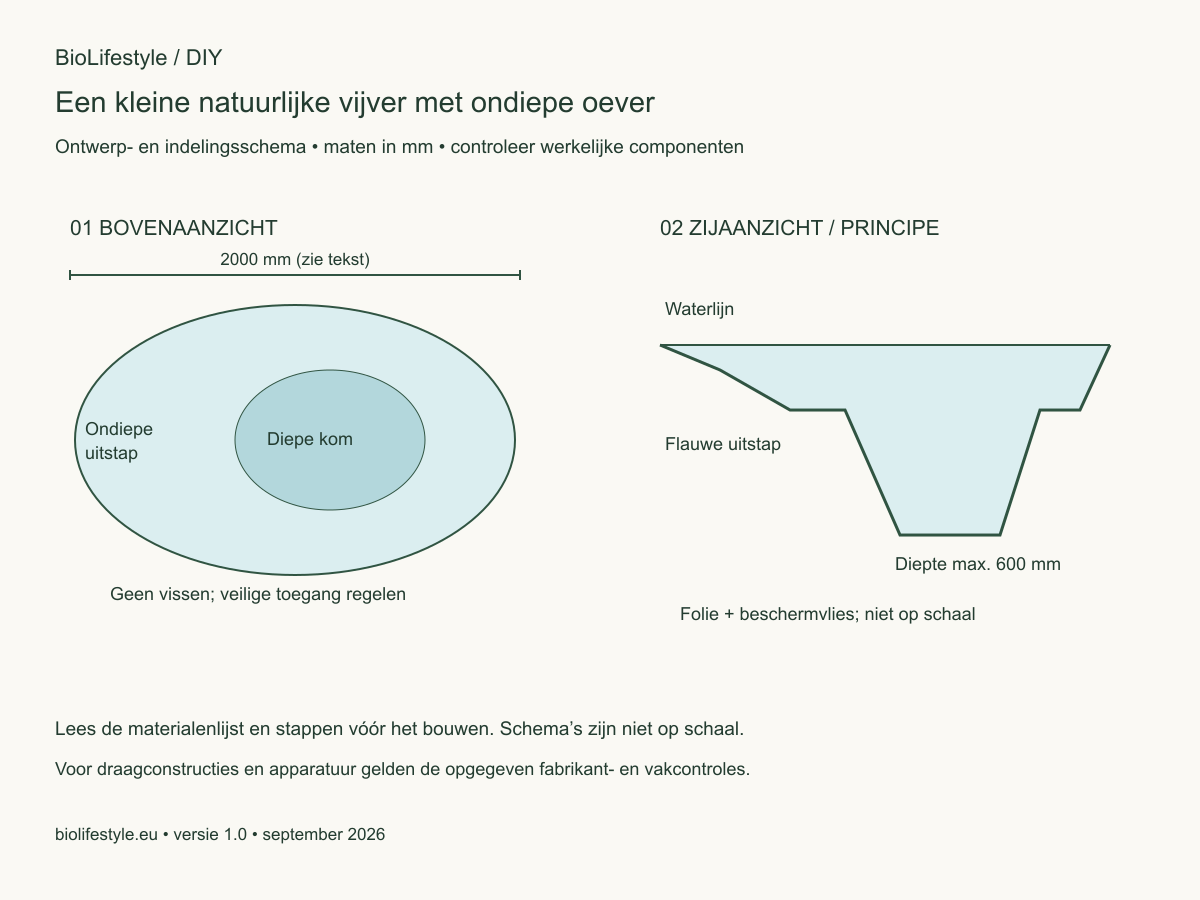 Schematisch boven- en zijaanzicht voor Een kleine natuurlijke vijver met ondiepe oever