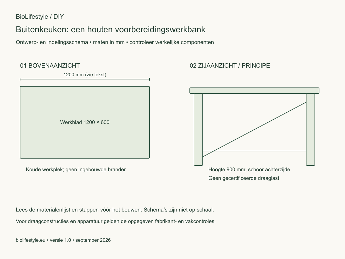 Schematisch boven- en zijaanzicht voor Buitenkeuken: een houten voorbereidingswerkbank