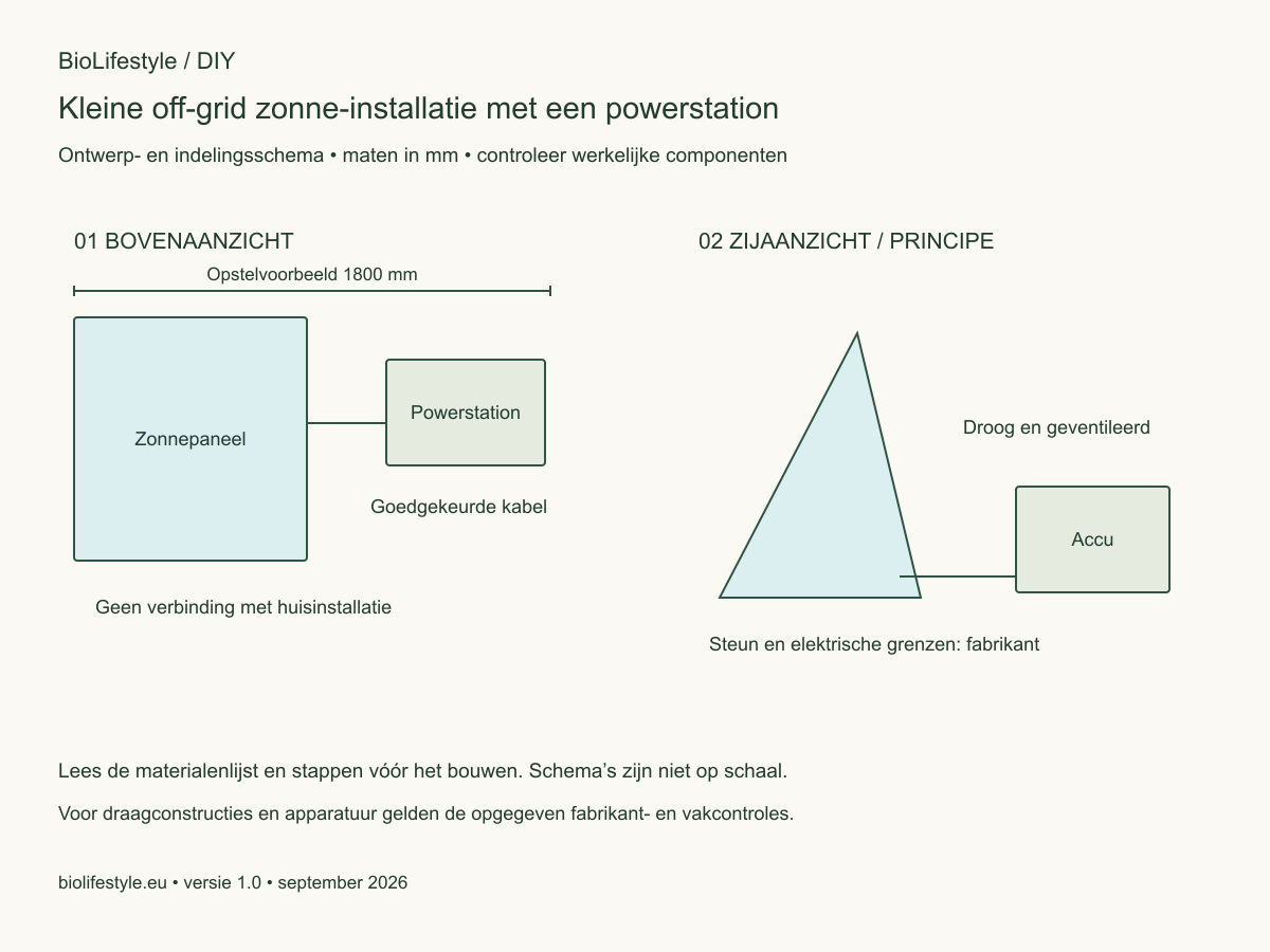 Schematisch boven- en zijaanzicht voor Kleine off-grid zonne-installatie met een powerstation