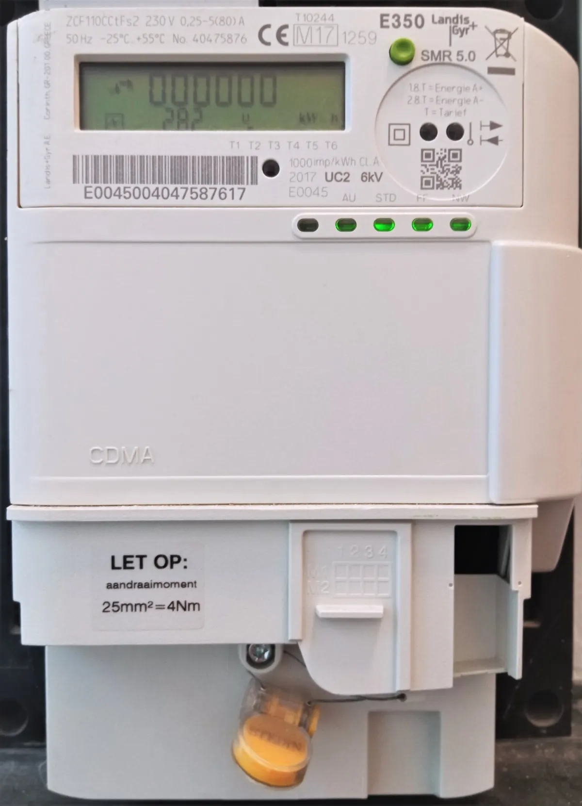 Digitale elektriciteitsmeter van een in Nederland veelgebruikt type.