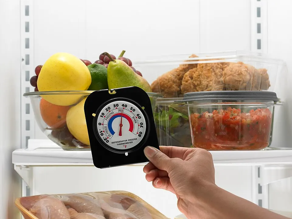 Termómetro y alimentos en un frigorífico